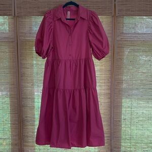 Women's Pink Tiered Midi Dress with Puff Sleeves